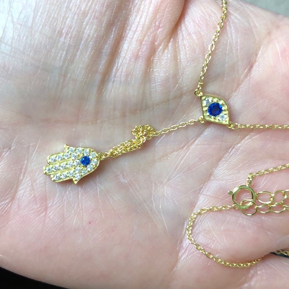 Gold Silver Evil Eye with Dropped Hamsa Necklace - Picture 6 of 7